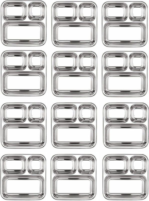 Allure Auto Stainless Steel 3 in 1 Pav Bhaji Plate/Thali | Three Compartment Plate | 25 cm X 21 cm | Depth - 25 mm | 153 Gram Weight Per Plate | ( Set Of 12 ) Dinner Plate  (Pack of 12)