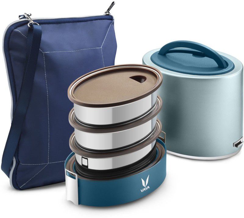 Vaya Tyffyn Lyte 1000 ml Blue Polished Stainless Steel Tiffin Box with BagMat (One 400 ml + Two 300 ml Containers) - 3 Containers Lunch Box  (1000 ml, Thermoware)