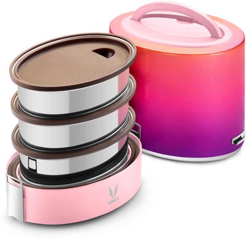 Vaya Tyffyn Lyte 1000 ml Ombre Pink Polished Stainless Steel Tiffin Box without BagMat (One 400 ml + Two 300 ml Containers) - 3 Containers Lunch Box  (1000 ml, Thermoware)