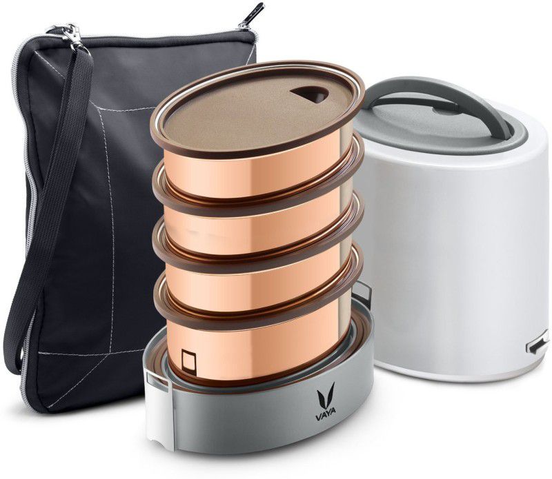 Vaya Tyffyn Jumbo 1300 ml White Copper-finished Stainless Steel Tiffin Box with BagMat (One 400 ml + Three 300 ml Container ) - 4 Containers Lunch Box  (1300 ml, Thermoware)