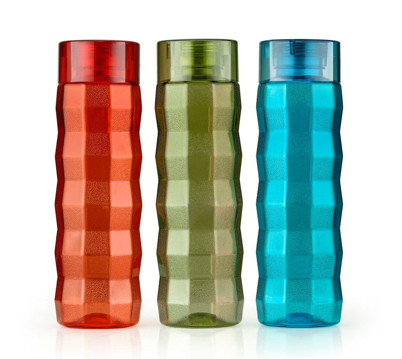 Analog Kitchenware Square Shape Water Bottle School / College / Office / Fridge Bottle Set Of - 3 1000 ml Bottle  (Pack of 3, Multicolor, PET)