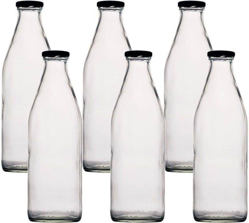 Sand Dune Glass milk bottle with metal Lid for Milk, Smoothie, Juices - Reusable 1000 ml Bottle  (Pack of 6, White, Glass)