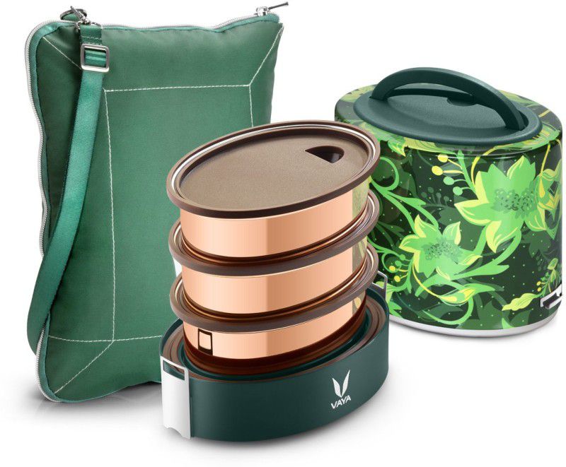 Vaya Tyffyn Floral 1000 ml Copper-Finished Stainless Steel Tiffin Box with BagMat (One 400 ml + Two 300 ml Containers) - 3 Containers Lunch Box  (1000 ml, Thermoware)