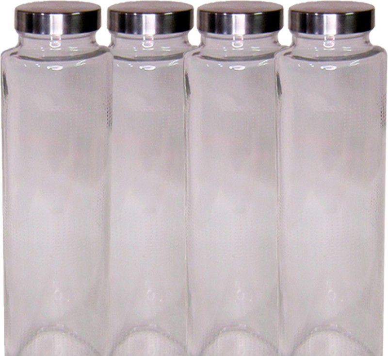 Turtle King Glass Water Bottle With Still Cap Leak-Proof Set Of 4 Pc Transparent 800 ml Bottle  (Pack of 4, Clear, Glass)