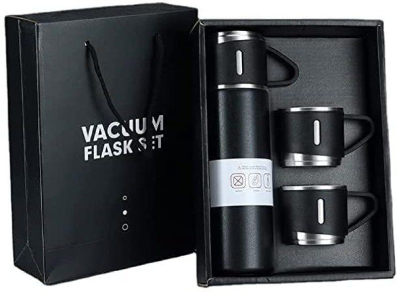 Latest Steel Vacuum Flask Set with 3 Steel Cups Combo 500 ml Flask  (Pack of 1, Steel)