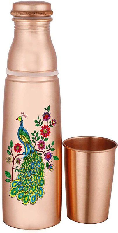 GOLDEN VALLEY Copper Bottles with glass for Water 1 Litre Water Bottle 1000 ML Peacock 1000 ml Bottle  (Pack of 1, Multicolor, Copper)