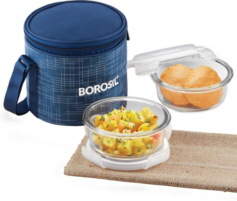BOROSIL Indigo Bosilicate Glass Microwave Safe 2 pc Round Containers Lunch Box With Vertical Bag, 400 ML, Blue 2 Containers Lunch Box  (400 ml)