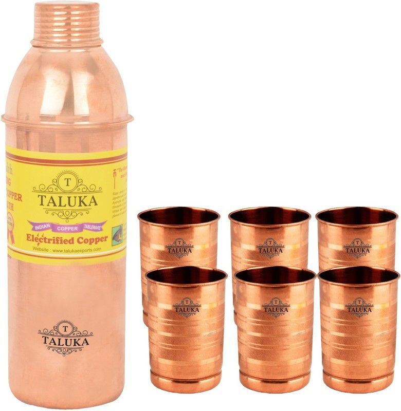 TALUKA Pure Copper Handmade Set 1 Copper Bottle With 6 Copper Glass Tumbler 300 ML, Travel Use Water Bottle 2600 ml Bottle  (Pack of 7, Brown, Copper)