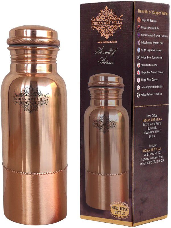 IndianArtVilla Copper Half Plain & Half Lacquer Design Water Bottle, Drinkware, Ayurveda Yoga, 750 ml Bottle  (Pack of 1, Brown, Copper)