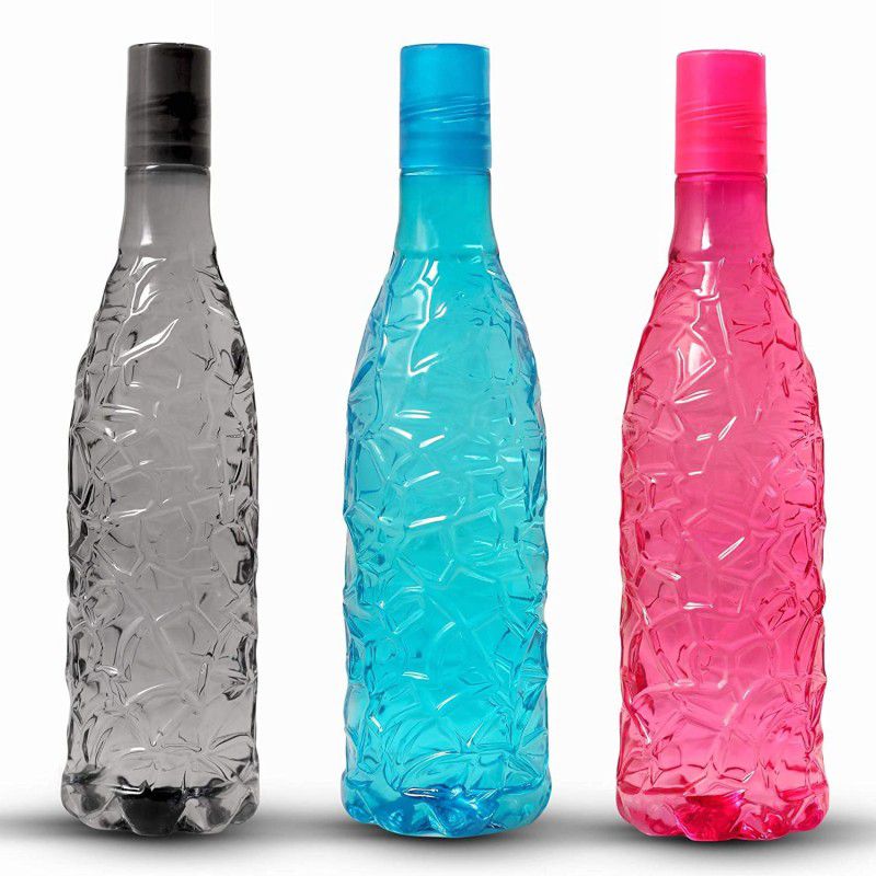 FOBHIYA Unbreakable Sparkle Zig Zag Pattern Plastic Water Bottle with Steel Cap, 1000 ml Bottle  (Pack of 3, Black, Blue, Pink, Plastic)