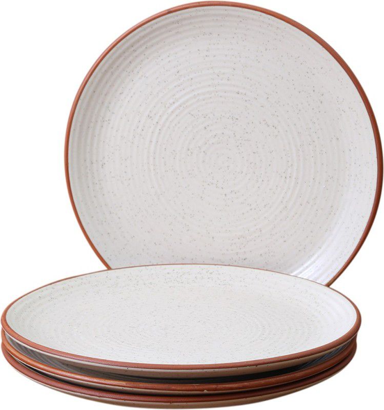 VarEesha White Matt Brown Border Ceramic Full Plates Set of Four Dinner Plate  (Pack of 4, Microwave Safe)