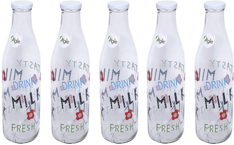Agile Printed Italian Freeze Safe Air Tight Flip Water Milk bottle 1000 ml Bottle  (Pack of 4, Multicolor, Glass)