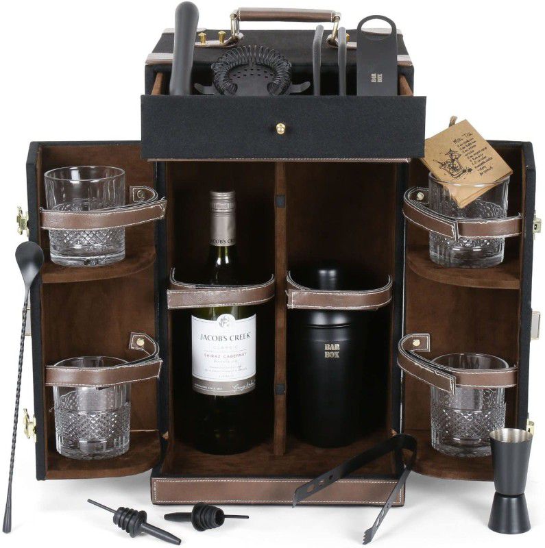 Bar Box Tm 10 Pc Mini Bar Cabinet, Bar Accessories Kit + 4 Italian Whiskey Glasses ( Black) | Limited Time Offer - Personalized Kit with Your Name in The Front Side 16 - Piece Bar Set  (Wooden)