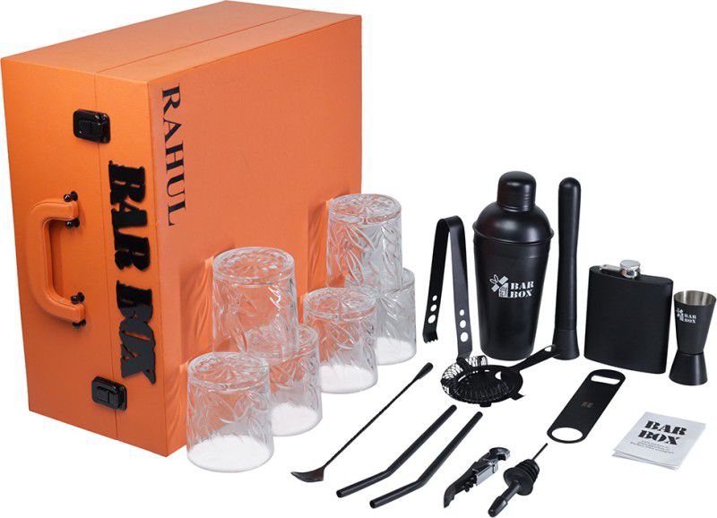 bar box portable bar set for drinks home - customized with your name in Orange vegan 16 - Piece Bar Set  (Stainless Steel)