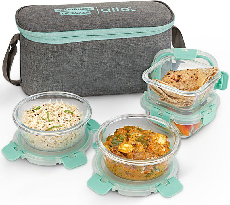 Allo FoodSafe 310ml x 2, 390ml x 2 Microwave 450°C Oven Safe Glass Lunch Box with Break Free Detachable Lock | High Borosilicate | Office Tiffin with Canvas Grey Bag | Set of 4,Square, Round 4 Containers Lunch Box  (1400 ml, Thermoware)