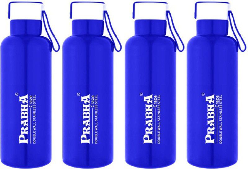 PRABHA Craze Blue Double Wall Steel Water Bottle 4 Pcs Set 450ml for Home School & Kids 450 ml Bottle  (Pack of 4, Blue, Steel)
