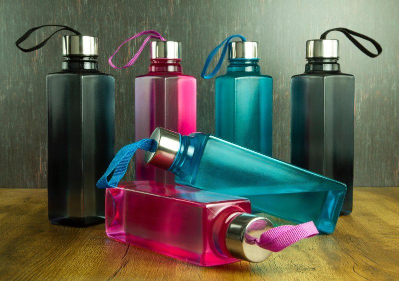 darkhood SQUARE SHAPE WATER BOTTLE SET WITH PREMIUM STAINLESS STEEL CAP 1000 ml Bottle  (Pack of 6, Multicolor, Plastic)
