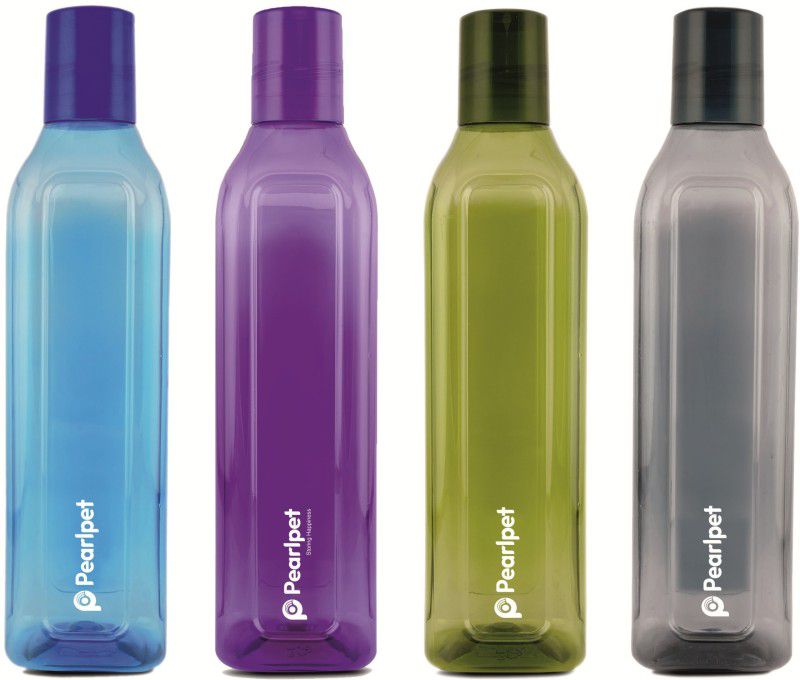 Pearlpet Cubic - Plastic Water Bottle Set of 4 Pcs for Kitchen , Water Bottle for Fridge 1000 ml Bottle  (Pack of 4, Multicolor, PET)