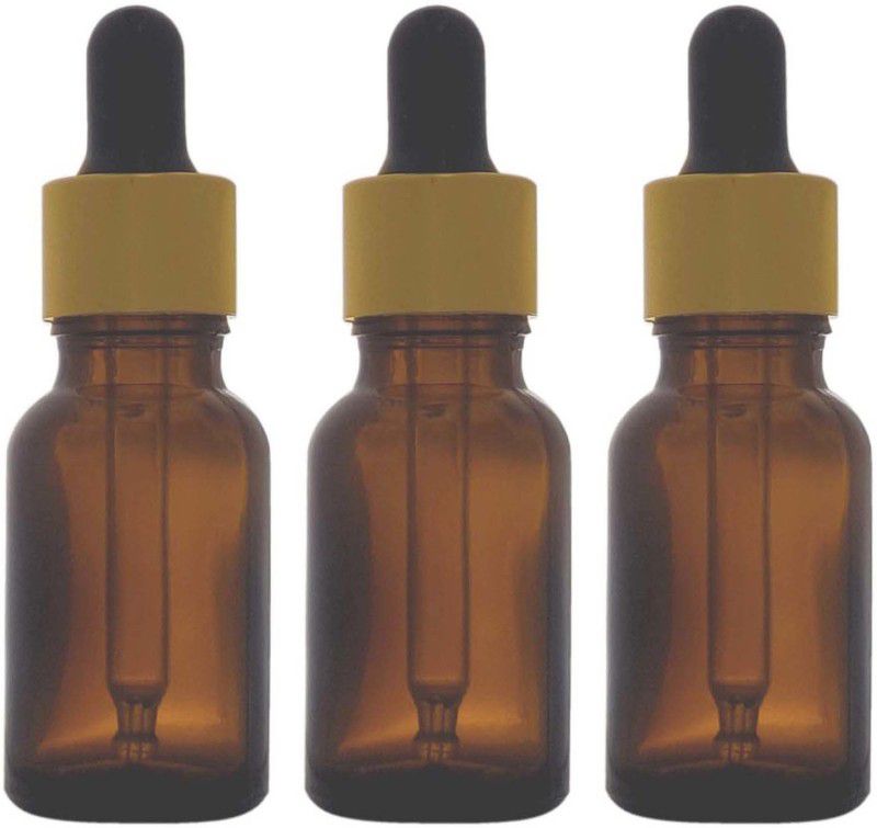 JFA Bobby Corporation 15ml Amber Glossy Bottle with Golden Cap Black Teat Dropper 15 ml Bottle  (Pack of 3, Brown, Glass)