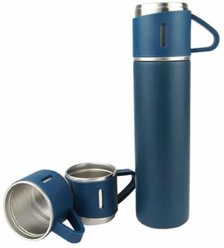 VibeX XII-16FR-Double Wall Stainless Steel Bottle for Hot & Cold Water- 500 ml 500 ml Bottle With Drinking Glass  (Pack of 1, Blue, Steel)