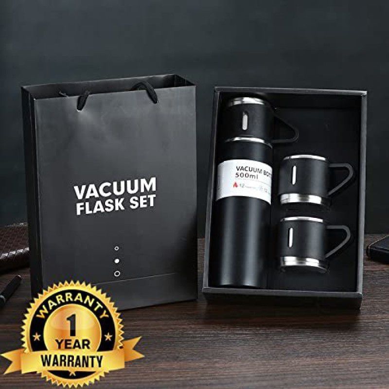 VibeX IVX-88GT-Vacuum Insulated Bottle with Cup for Coffee Hot Drink and Cold Water 500 ml Bottle With Drinking Glass  (Pack of 1, Black, Silver, Steel)