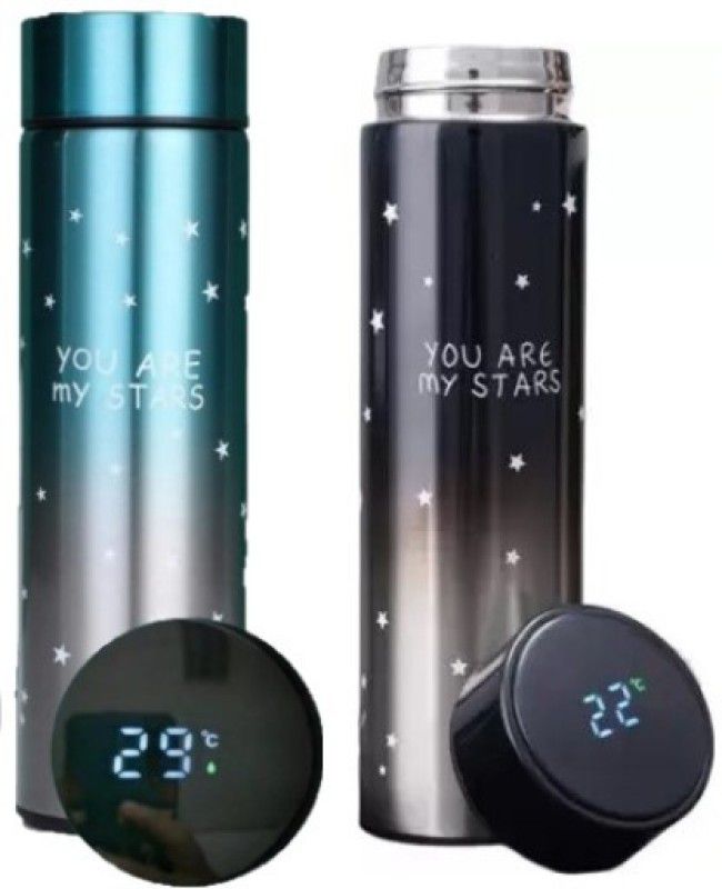 ICONIX Temperature Bottle You are my Star Double Wall Stainless Steel Hot & Cold Combo 500 ml Flask  (Pack of 2, Black, Green, Steel)