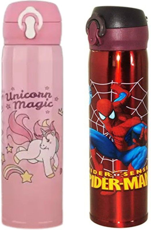 Ridhi Sidhi VACUUM INSULTAED WATER BOTTLES FOR KIDS UNICORN AND SPIDER MAN CHARACTER 500 ml Flask  (Pack of 2, Pink, Red, Steel)