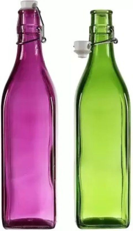 Virya Square Glass Bottles With Cork 1000 ml Bottle  (Pack of 2, Purple, Green, Glass)