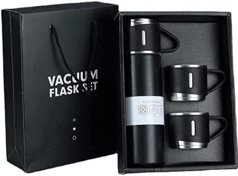 TRENDS ALERT Latest Steel Vacuum Flask Set with 3 Steel Cups Combo 500 ml Bottle  (Pack of 1, Black, Steel)