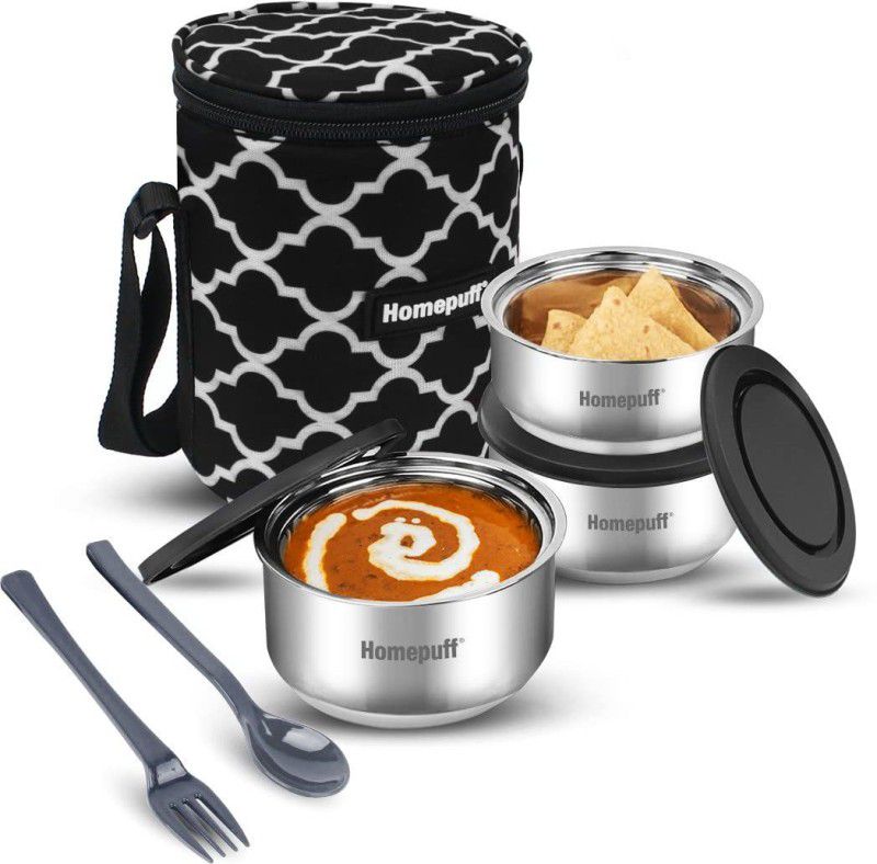 Home Puff Set of 3 Stainless Steel Insulated Lunch Box with Bag & Cutlery(325mlx2+225mlx1) 3 Containers Lunch Box  (875 ml, Thermoware)