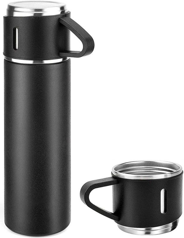 VibeX XIV-36KI-Double Wall Stainless Steel Bottle for Hot & Cold Water- 500 ml 500 ml Bottle With Drinking Glass  (Pack of 1, Black, Silver, Steel)