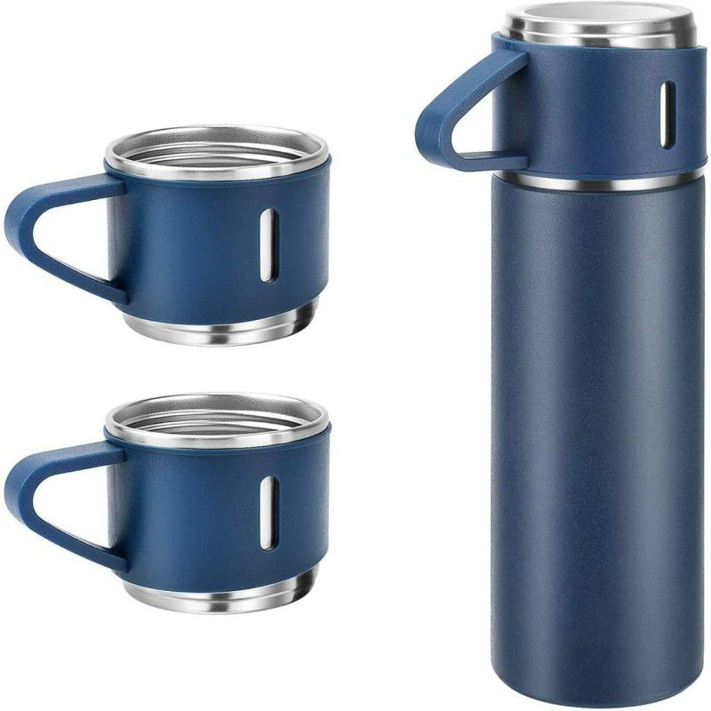 VibeX IIX-73AZ-Steel Vacuum Flask Set with 3 Steel Cups Combo - HOT/Cold 500 ml Bottle With Drinking Glass  (Pack of 1, Blue, Silver, Steel)