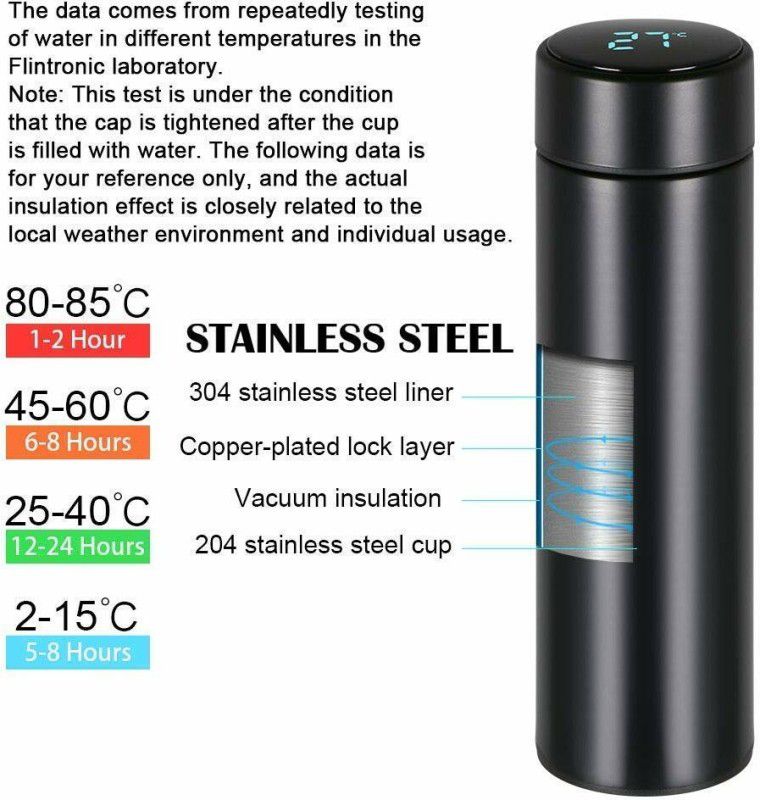 BOOMFIRE Smart Vacuum Flasks Insulated Water Bottle with LED Temperature Display B33 500 ml Bottle  (Pack of 1, Black, Steel)
