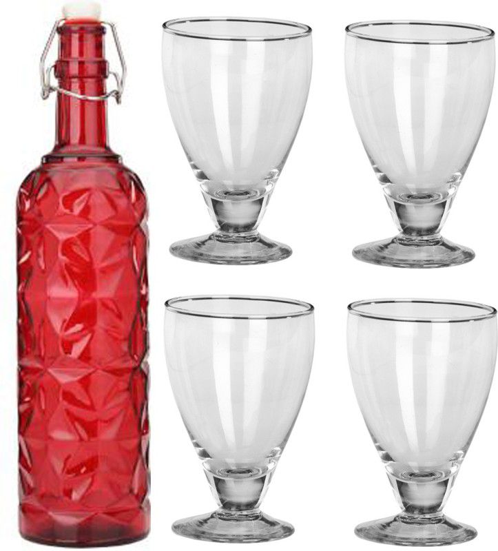1st Time Bottle & 4 Glass Serving Lemon Set, Red, Clear, Glass, 1000 Ml 1000 ml Bottle With Drinking Glass  (Pack of 5, Red, Glass)
