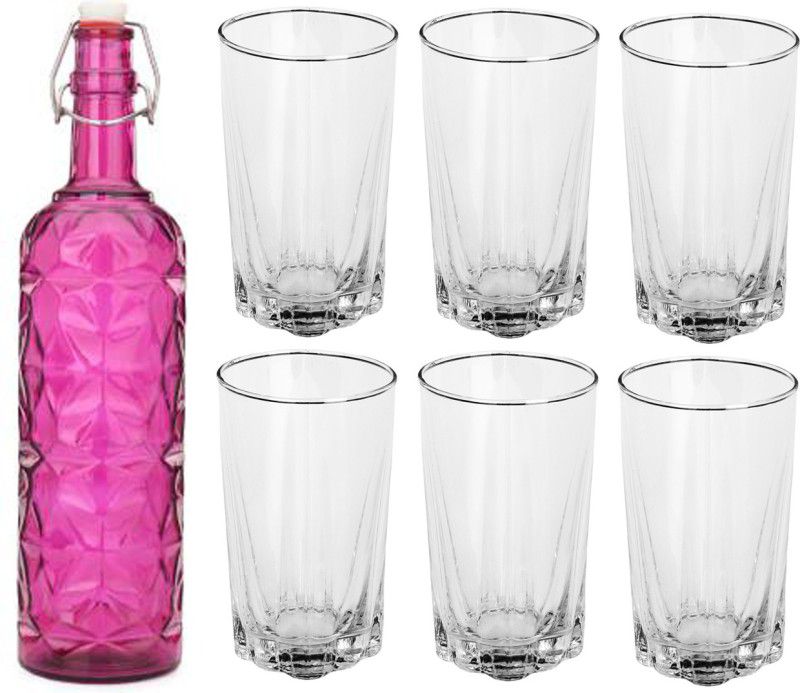 1st Time Bottle & 6 Glass Serving Lemon Set, Pink, Clear, Glass, 1000 Ml 1000 ml Bottle With Drinking Glass  (Pack of 7, Pink, Glass)