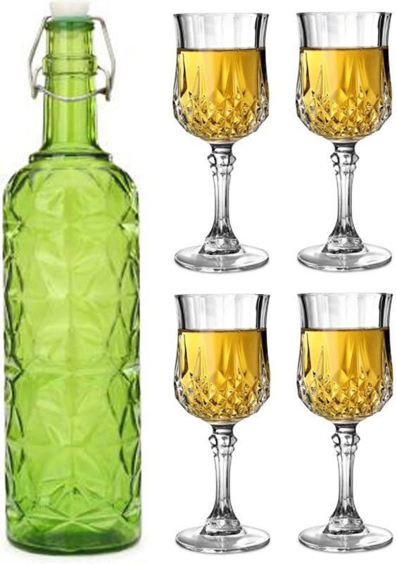 1st Time Bottle & 4 Glass Serving Lemon Set, Green, Clear, Glass,1000 Ml 1000 ml Bottle With Drinking Glass  (Pack of 5, Green, Glass)