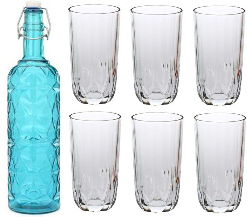 1st Time Bottle & 6 Glass Serving Lemon Set, Blue, Clear, Glass, 1000 Ml 1000 ml Bottle With Drinking Glass  (Pack of 7, Blue, Glass)