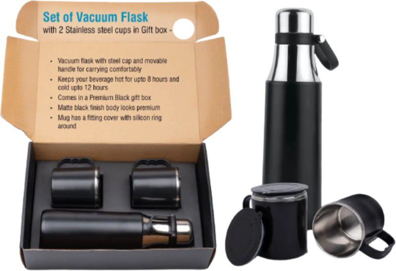 Unicus Steel Travel Flask &2 Coffee Mug with Silicon Air Tight Lid Special For Traveling 500 ml Flask  (Pack of 3, Black, Steel)