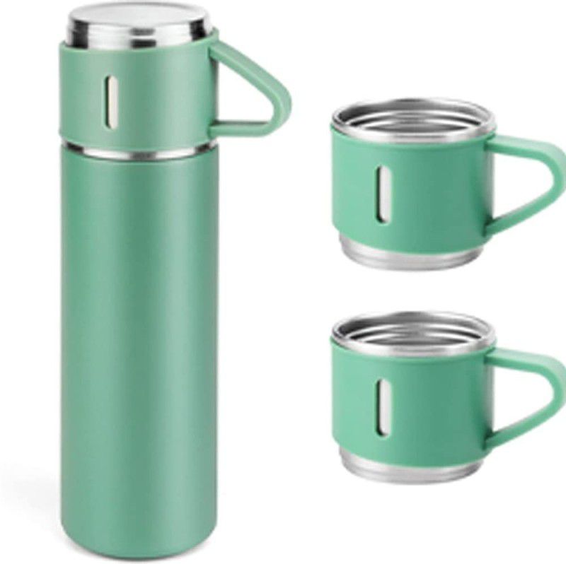 VibeX VII-21HY-Vacuum Flask Set with 3 Steel Cups Combo - 500ml - HOT/Cold 500 ml Bottle With Drinking Glass  (Pack of 1, Green, Steel)