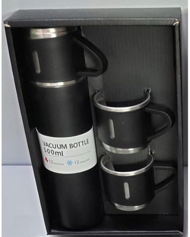 VibeX IVI-29FR-Vacuum Flask Set with 3 Steel Cups Combo - 500ml - Keeps HOT/Cold 500 ml Bottle With Drinking Glass  (Pack of 1, Black, Silver, Steel)