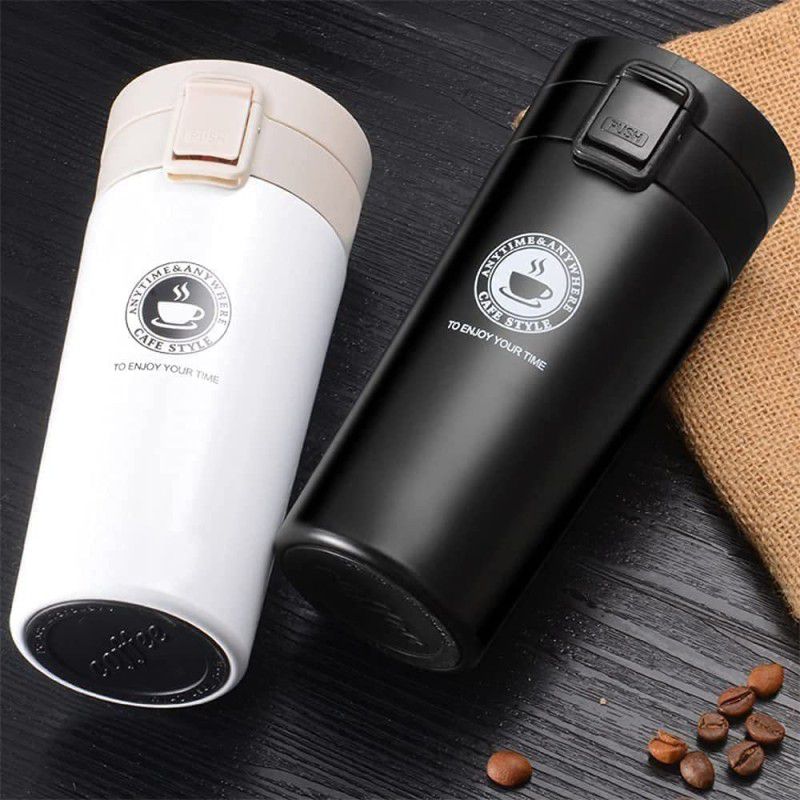 ICONIX Insulated Coffee mug Double Wall with Airtight Screw Lid & Flip combo 300 ml Flask  (Pack of 2, Black, White, Steel)