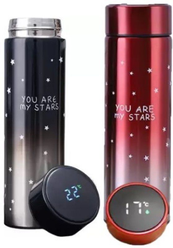 ICONIX Temperature Bottle You are my Star Double Wall Stainless Steel Hot & Cold Combo 500 ml Flask  (Pack of 2, Black, Red, Steel)