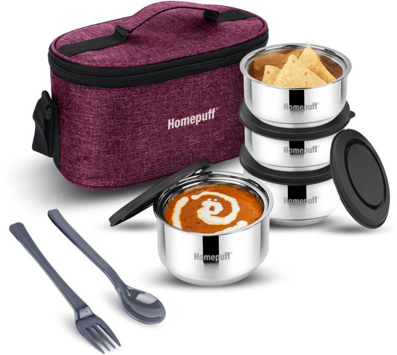 Home Puff Set of 4 Stainless Steel Insulated Lunch Box with Maroon Bag (325mlx2+225mlx2) 4 Containers Lunch Box  (1100 ml, Thermoware)