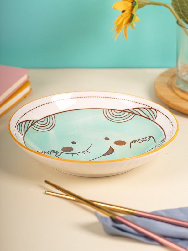 MARKET 99 Turquoise 600Ml Ceramic Kid Plate - Elephant / Cartoon Print Dinner Plate  (Microwave Safe)