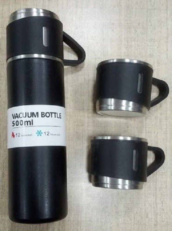VibeX IIX-41LP-Vacuum Flask Set with 3 Steel Cups Combo - 500ml - Odorless - HOT/Cold 500 ml Bottle With Drinking Glass  (Pack of 1, Black, Silver, Steel)