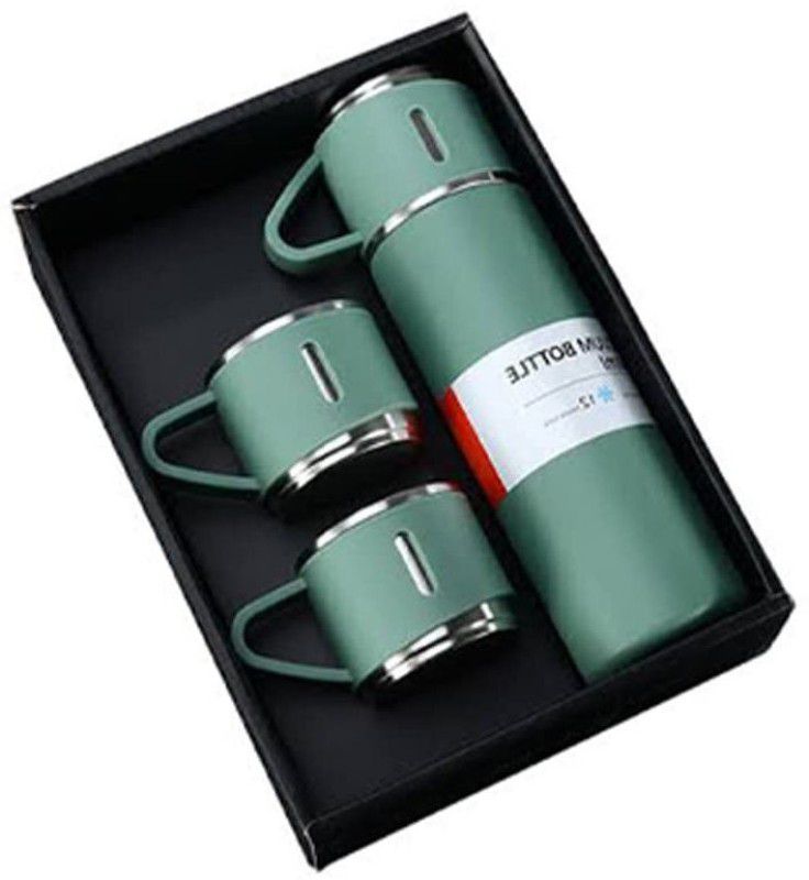VibeX XIV-20GT-Steel Vacuum Flask Set with 3 Steel Cups Combo - 500ml - HOT/Cold 500 ml Bottle With Drinking Glass  (Pack of 1, Green, Steel)