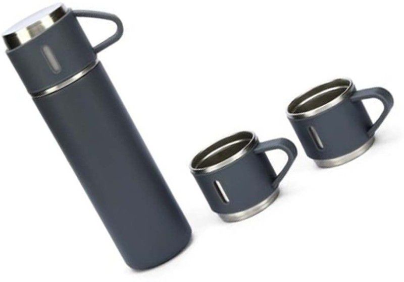 VibeX IIX-92LO-Latest Steel Vacuum Flask Set with 3 Steel Cups Combo- 500ml - HOT/Cold 500 ml Flask  (Pack of 1, Grey, Silver, Steel)