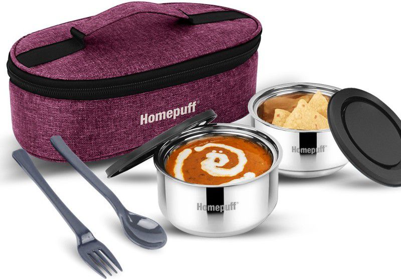 Home Puff Set of 2 Stainless Steel Insulated Lunch Box with Maroon Bag & Cutlery (325mlx2) 2 Containers Lunch Box  (650 ml, Thermoware)