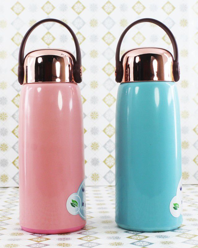 Biggie Collections Borosilicate Glass Water Bottles Covered with Sleeve 450 ml Bottle  (Pack of 2, Blue, Pink, Glass)