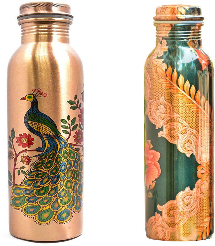 riddhi enterprises 100% Copper printed designer water bottle Combo for home,office and gym(pack of 2) 1000 ml Bottle  (Pack of 2, Multicolor, Copper)